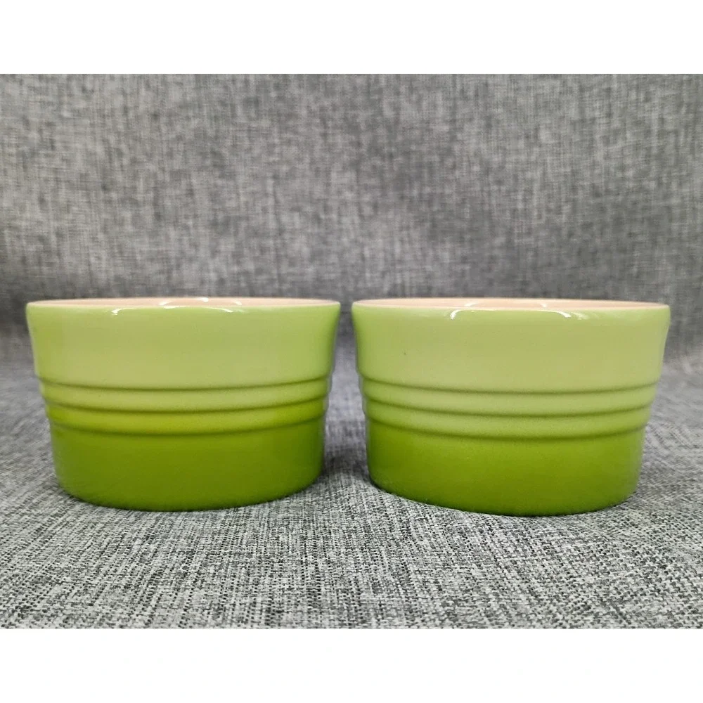 NOS 4 New Le Creuset Ramekins Ombre Kiwi 7 oz. Green Stackable Stoneware Serving